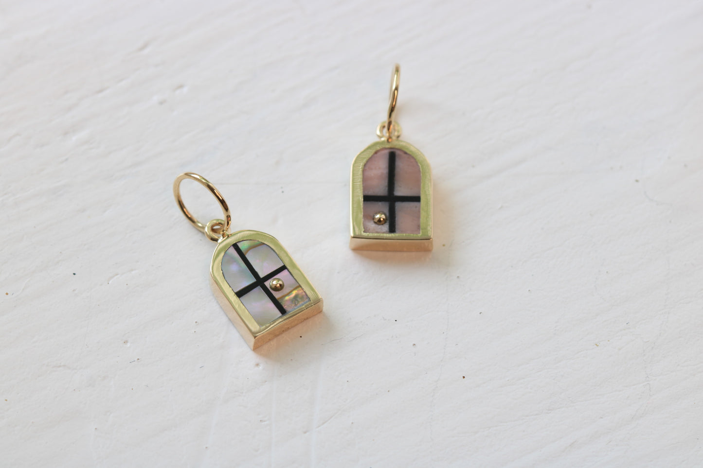 window charms in 14k yellow gold with abalone or Peruvian pink opal and a 14k yellow gold sun on white background