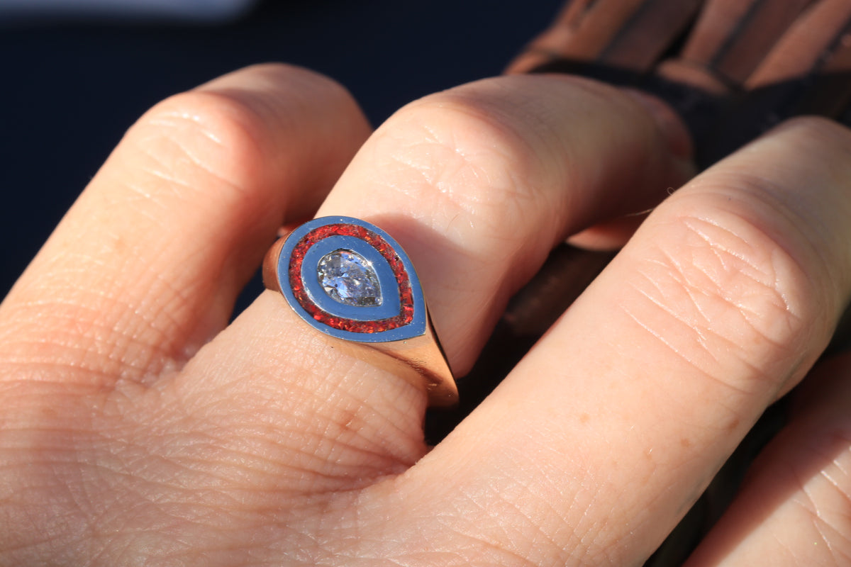 Fire Opal Pear Diamond Signet