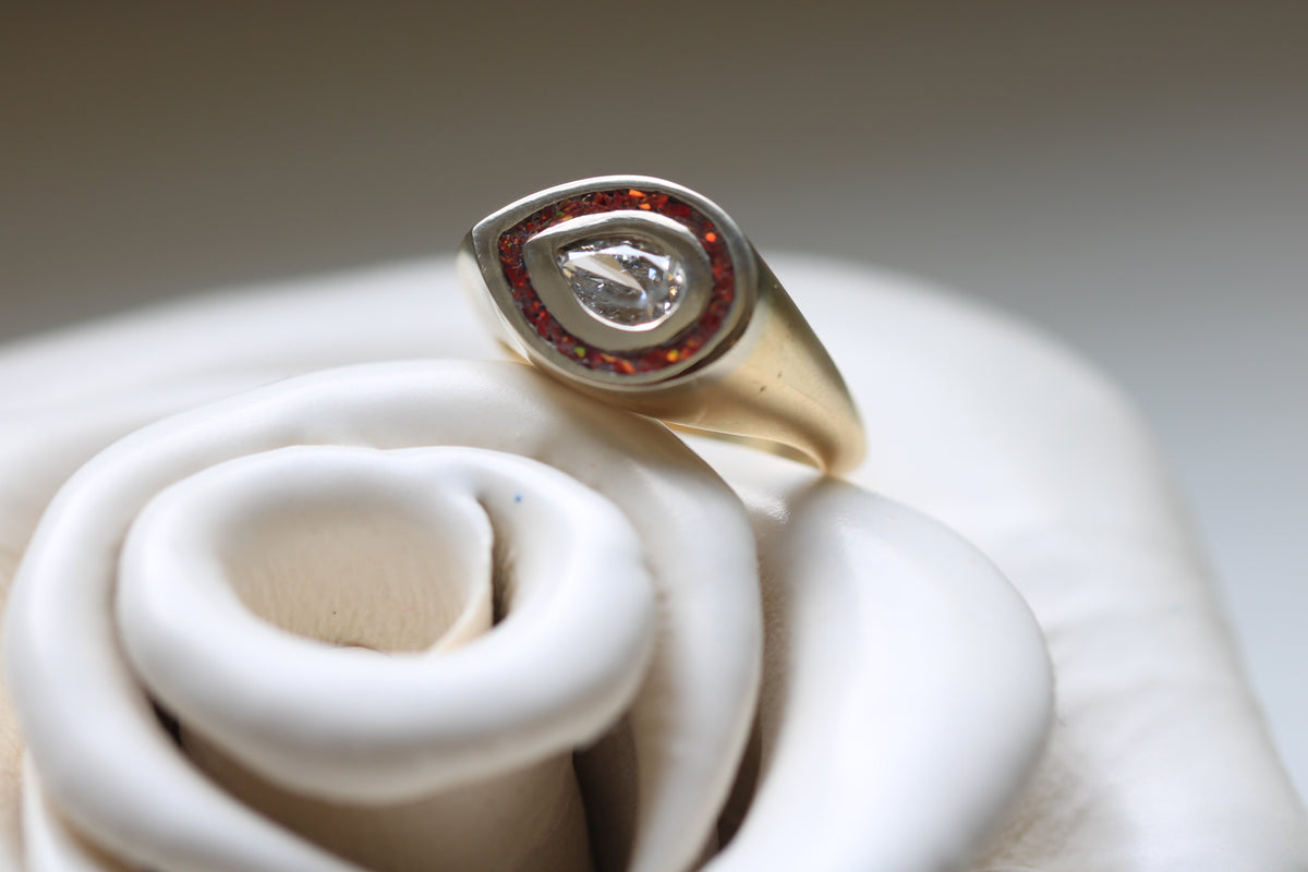 Fire Opal Pear Diamond Signet