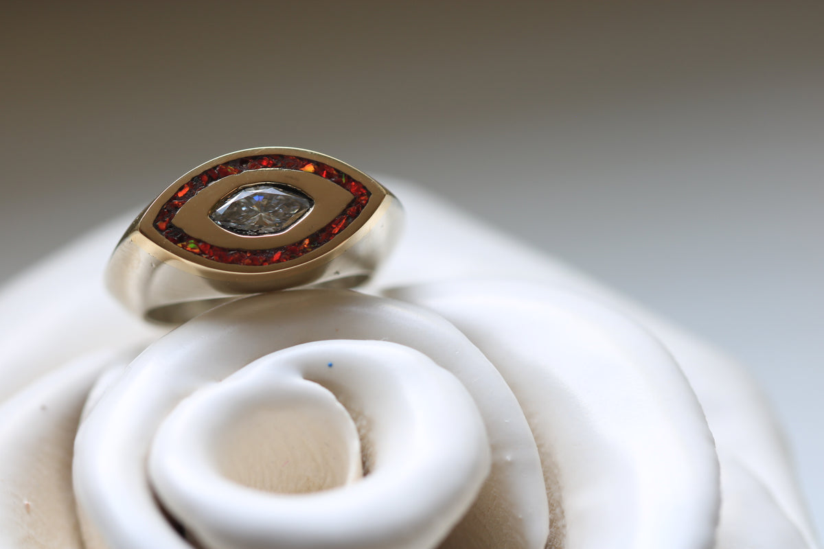 Fire Opal Marquise Diamond Signet