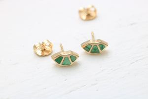 14k yellow gold fan studs with variscite inlay on white background