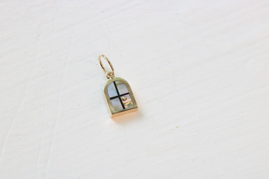 window charm in 14k yellow gold with California abalone inlay and a 14k yellow gold sun