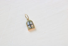 Load image into Gallery viewer, window charm in 14k yellow gold with California abalone inlay and a 14k yellow gold sun
