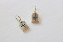 Load image into Gallery viewer, window charms in 14k yellow gold with abalone or Peruvian pink opal and a 14k yellow gold sun on white background
