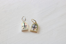 Load image into Gallery viewer, window charms in sterling silver or 14k yellow gold and California red abalone inlay with a 14k yellow gold sun on white background
