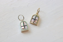 Load image into Gallery viewer, window charms in sterling silver or 14k yellow gold with California red abalone inlay and a 14k yellow gold sun
