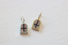 Load image into Gallery viewer, window charms in sterling silver or 14k yellow gold with Peruvian pink opal inlay and a 14k yellow gold sun
