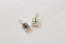 Load image into Gallery viewer, window charms in silver with pink opal and abalone inlay with 14k gold sun
